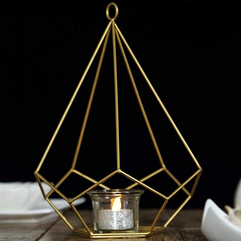 Gold Metal Pentagon Geometric Tealight Candle Holders Set