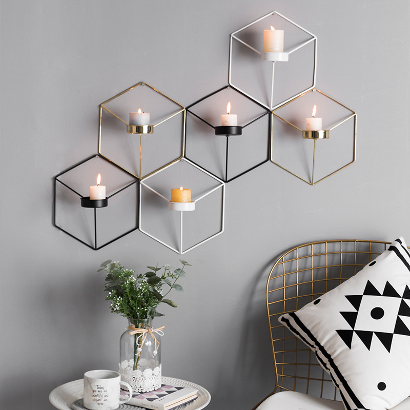 Metal Wall Candle Holder 3D Geometric Candlestick Elegant Iron Hanging Pendant Wall Mounted Decorative Candle Holder