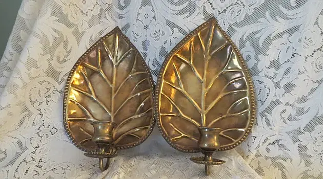 Vintage Solid Brass PALM Leaf Wall Candle Holders