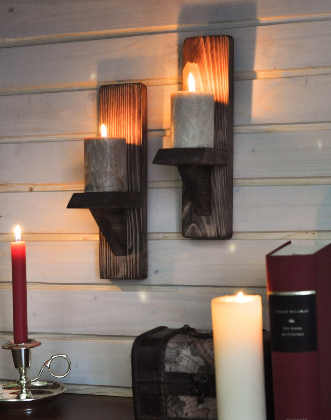 where to hang rustic wooden wall candleholders