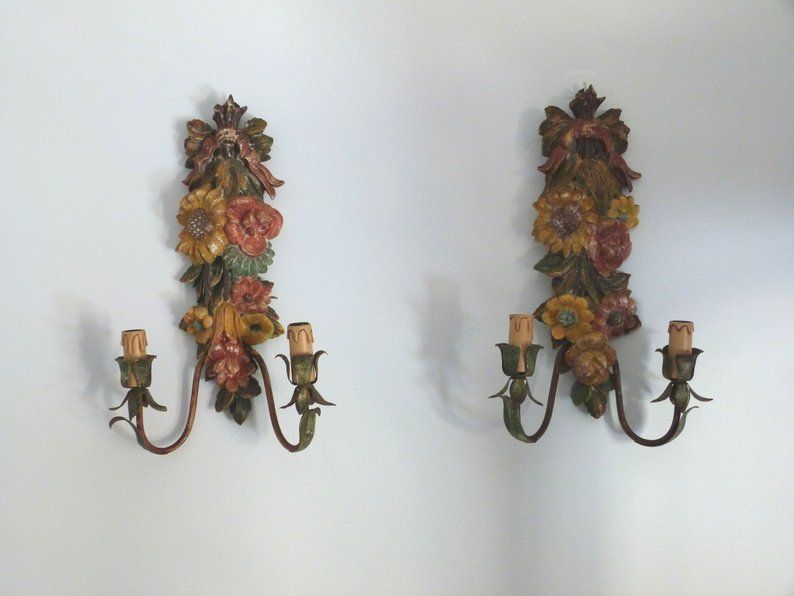 Antique French Floral Wooden Wall Sconces